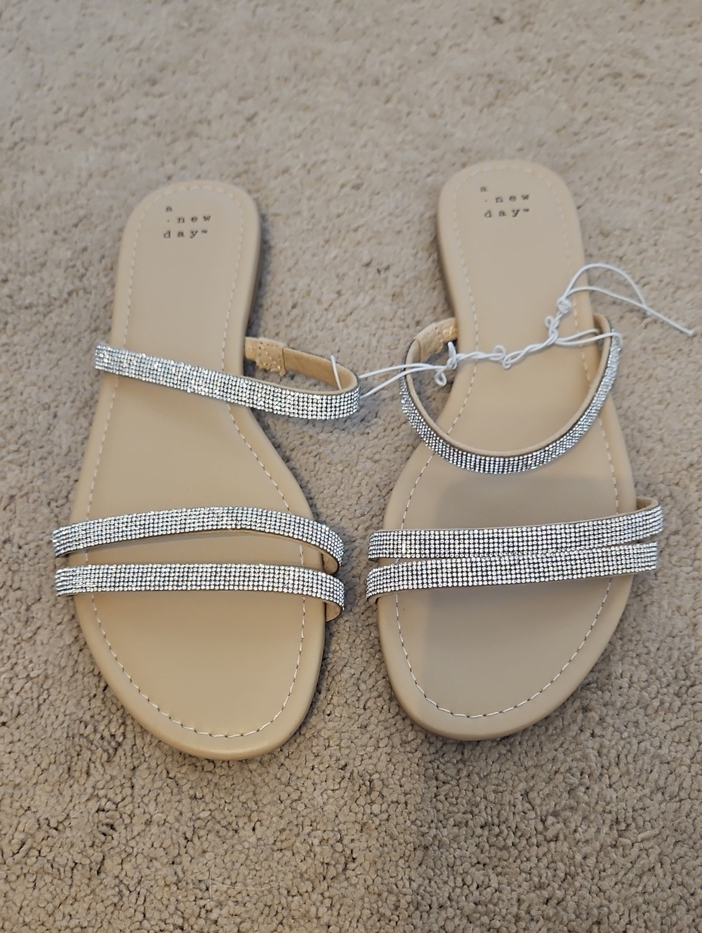 New a new day Beige Slide Sandals with Silver Rhinestone Straps